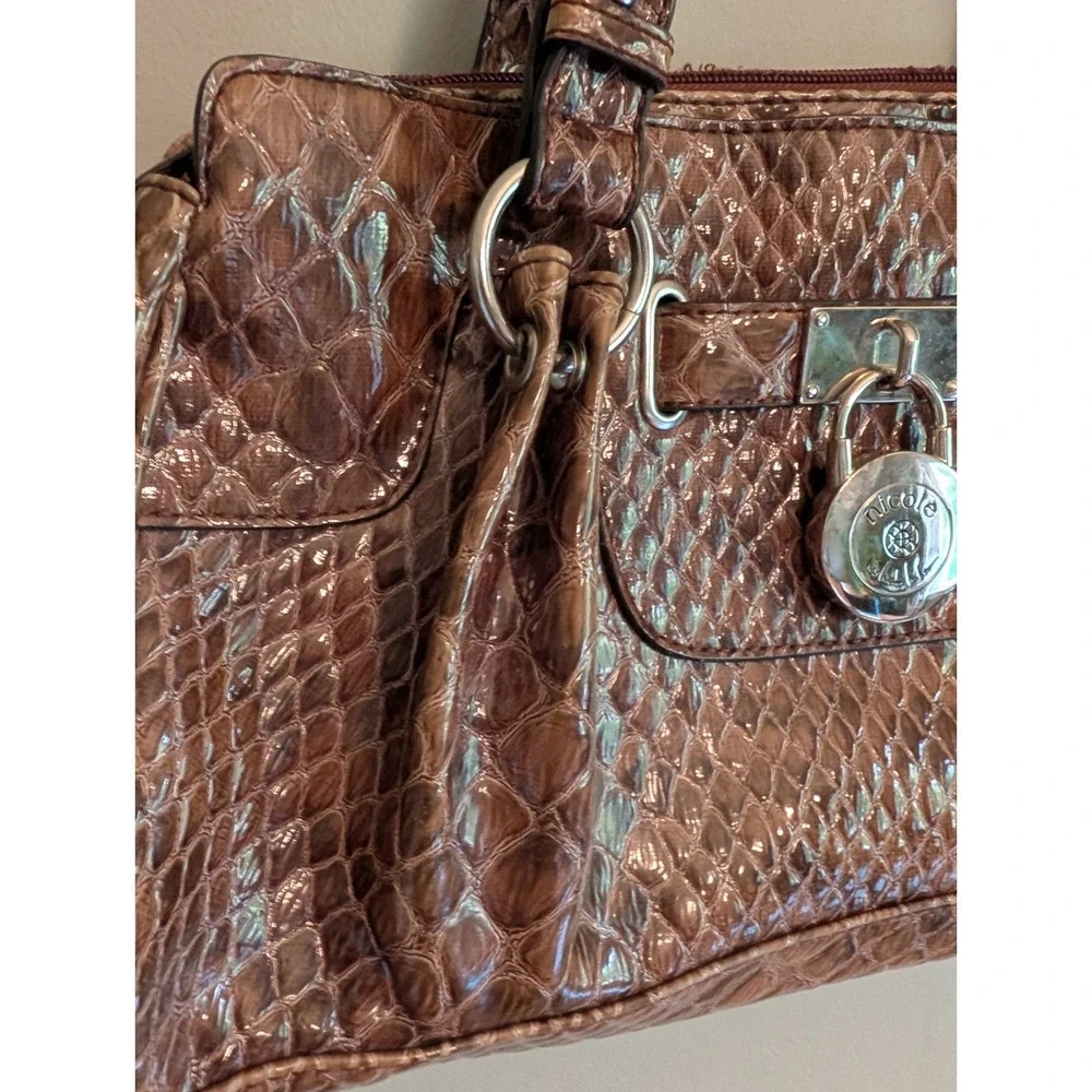 Vintage Y2K Nicole Miller Crocodile Shoulder Bag Brown Padlock Satchel
